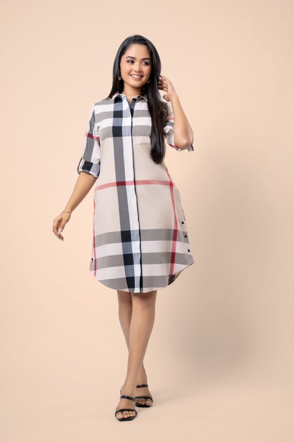 Check Fabric Short Shirt Dress - Image 3
