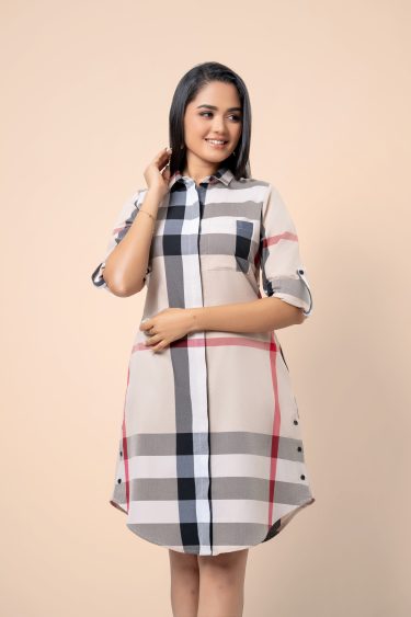 Check Fabric Short Shirt Dress
