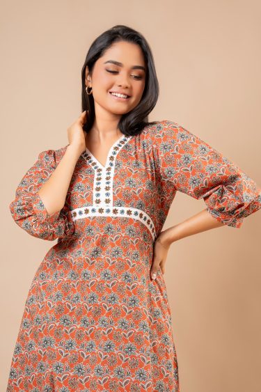 Contrast Embroidery Detail Floral Puff Sleeve Midi Dress