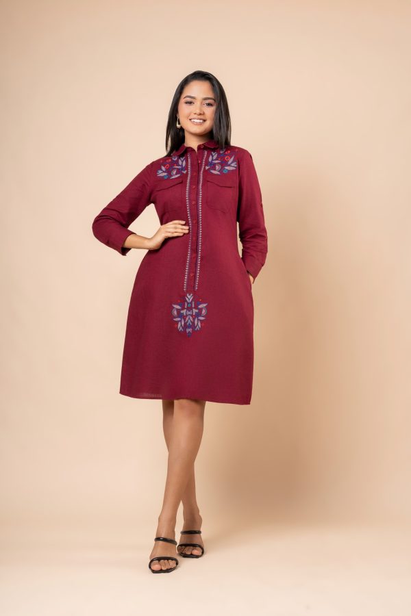 Geometric Embroidery Detail Short Shirt Dress - Image 4