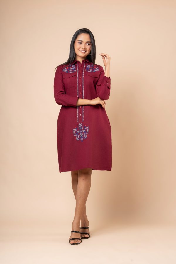 Geometric Embroidery Detail Short Shirt Dress - Image 3