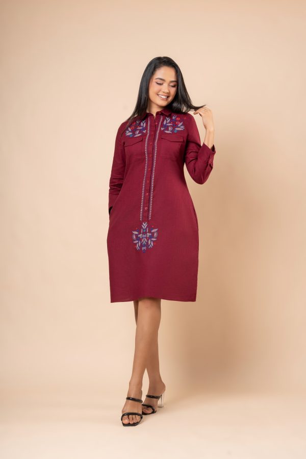 Geometric Embroidery Detail Short Shirt Dress - Image 2