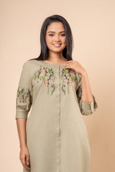 Floral Embroidery Detail Button-Down Short Dress