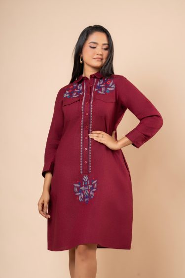 Geometric Embroidery Detail Short Shirt Dress