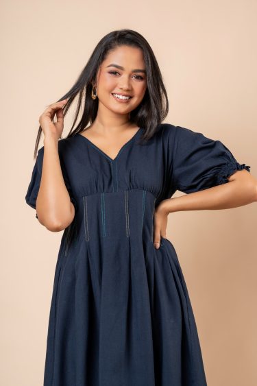 Thread Detail Puff Sleeve Short Dress