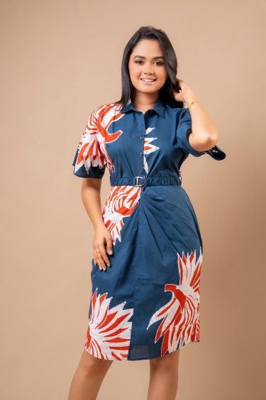Pleated Short Batik Dress with Waist Belt
