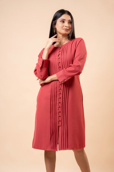 Pleat Detail Button-Down Short Dress