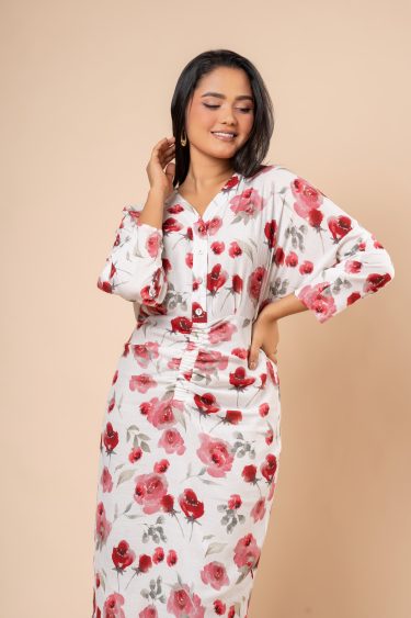 Ruched Front Slit Detail Midi Dress