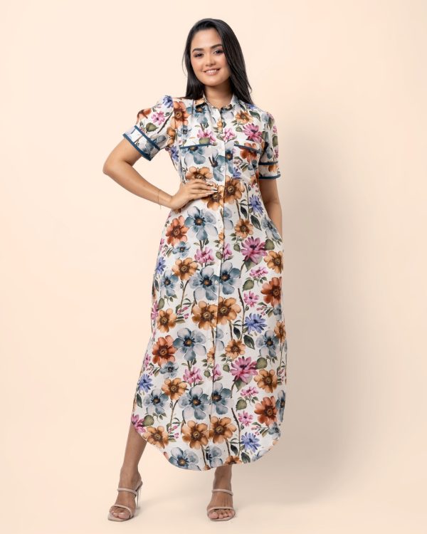 Piping Detail Curved Hem Maxi Shirt Dress - Image 4