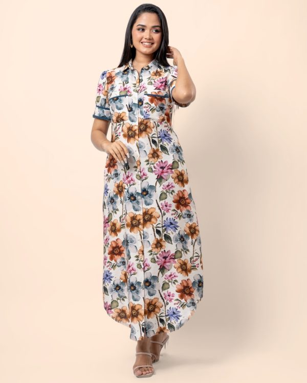 Piping Detail Curved Hem Maxi Shirt Dress - Image 3
