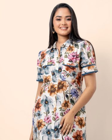 Piping Detail Curved Hem Maxi Shirt Dress