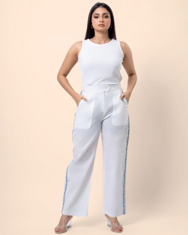 Embroidery Detail Straight Leg Linen Pant