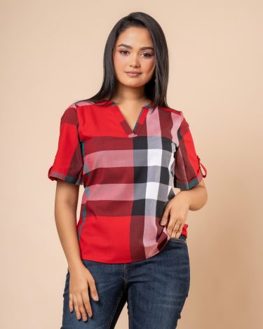 Plaid Patterned Tab Detail Blouse
