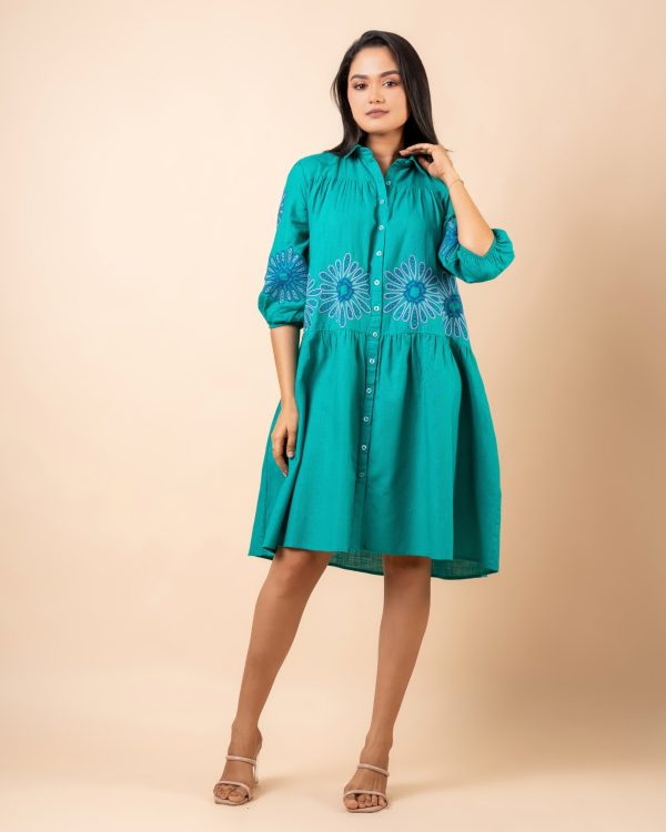 Front Gathered Embroidery Short Dress - Image 3