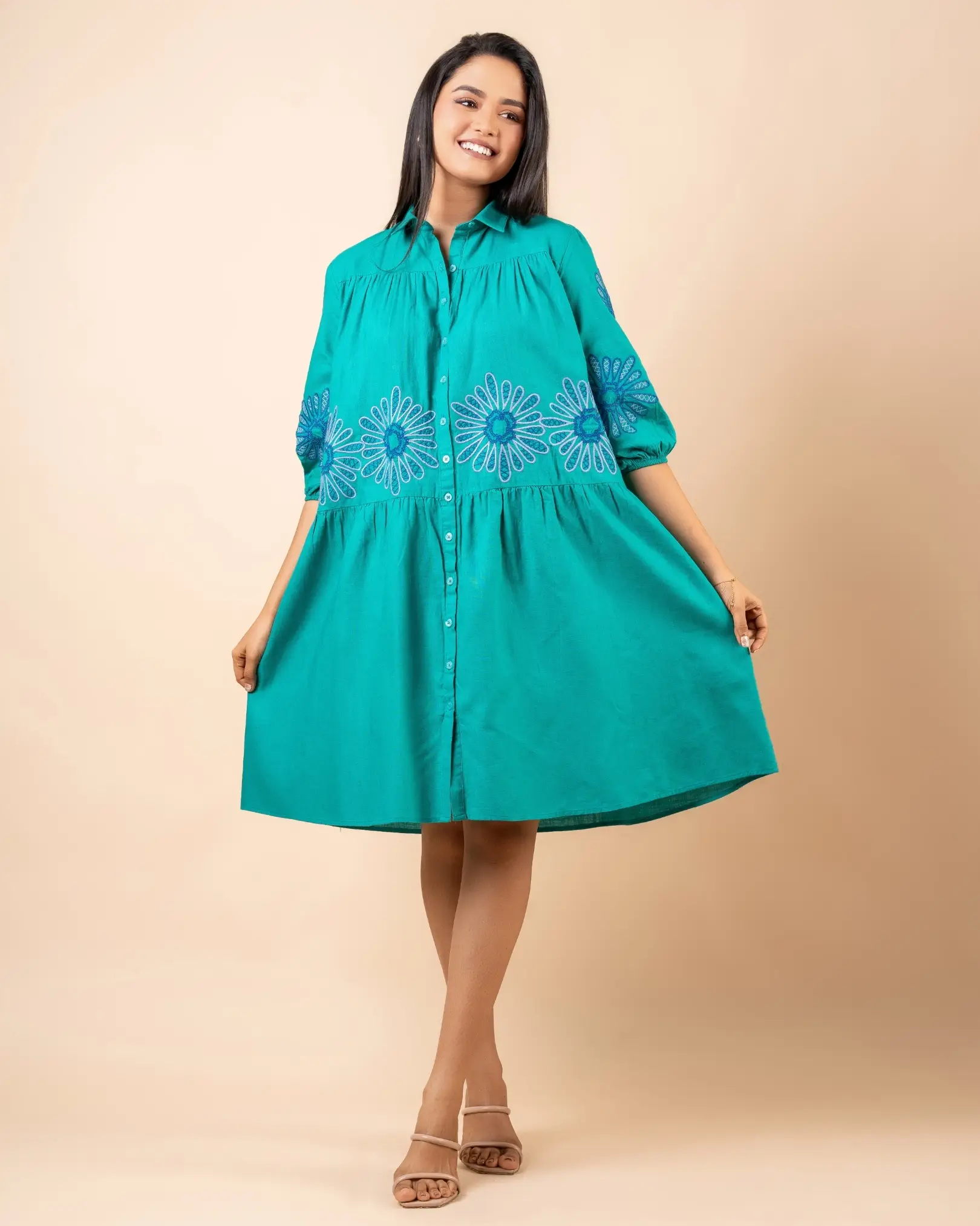 Front Gathered Embroidery Short Dress - Image 5