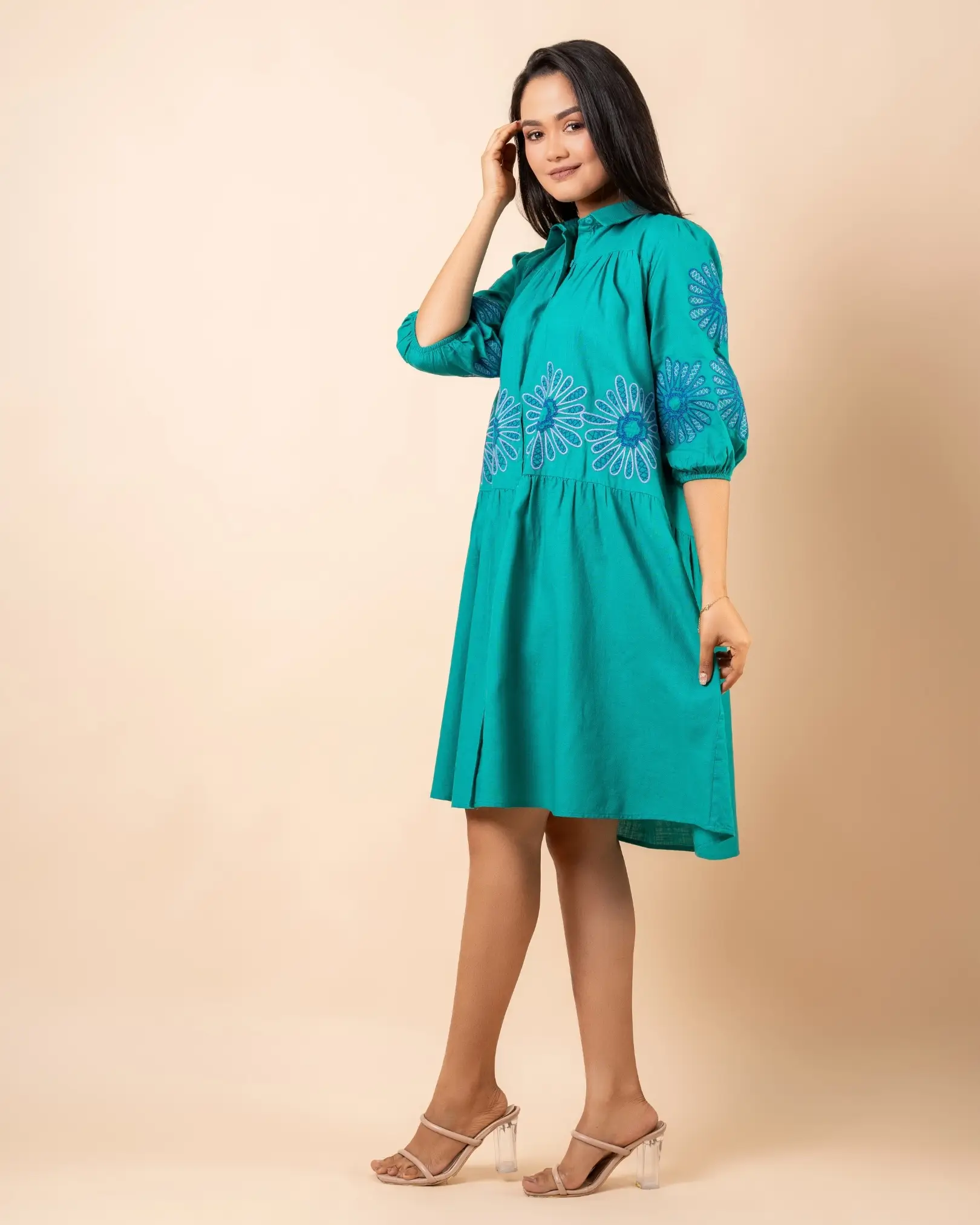 Front Gathered Embroidery Short Dress - Image 4
