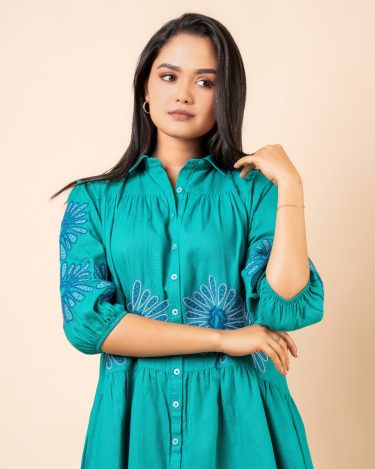 Front Gathered Embroidery Short Dress