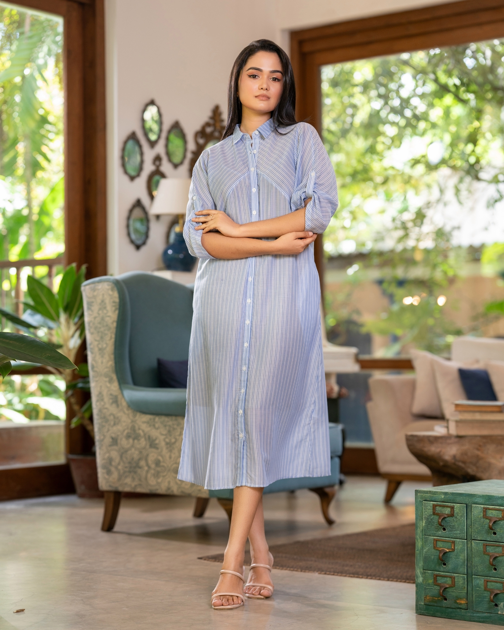 Stripe Patterned Tab detail Midi Shirt Dress - Image 3