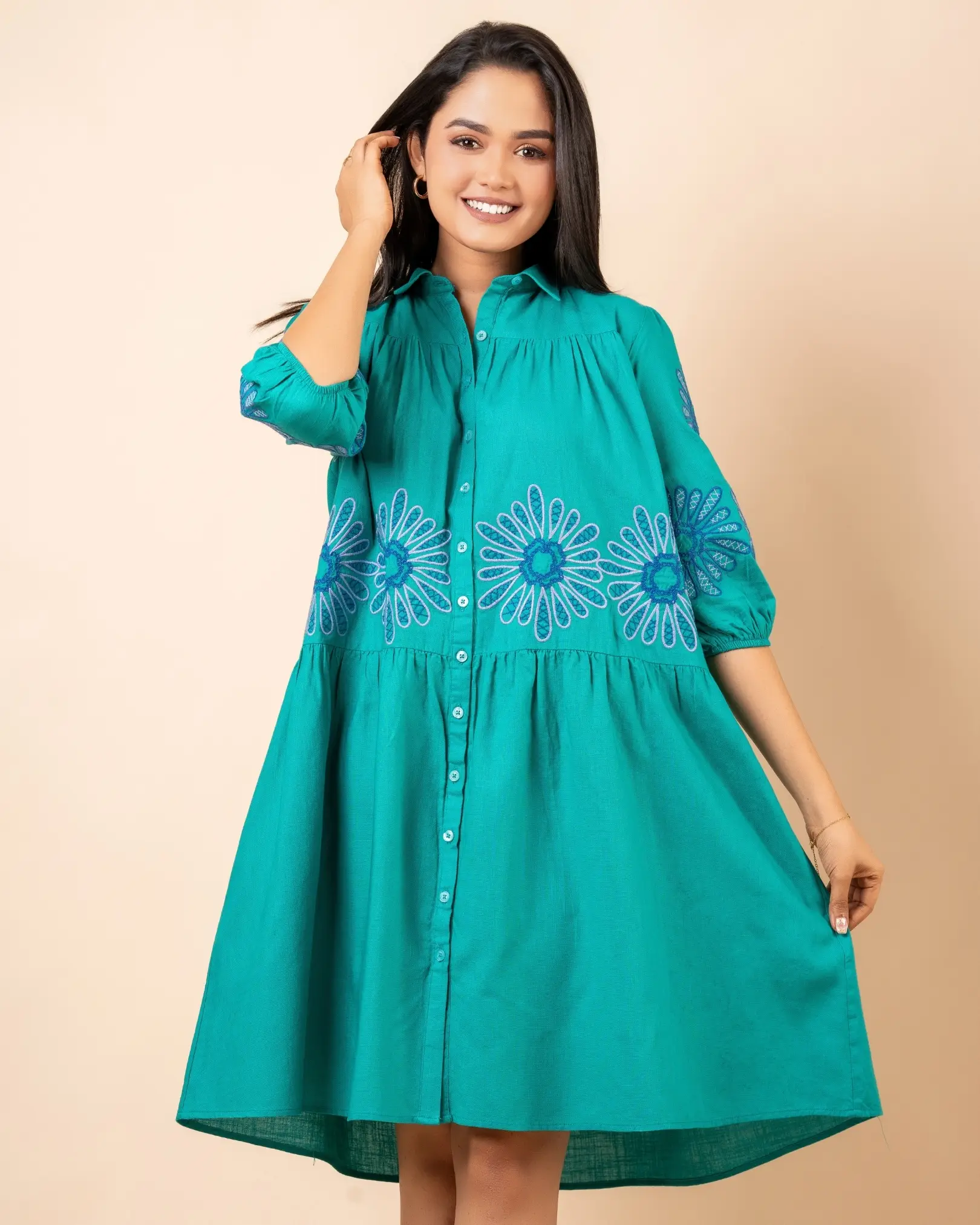 Front Gathered Embroidery Short Dress - Image 2