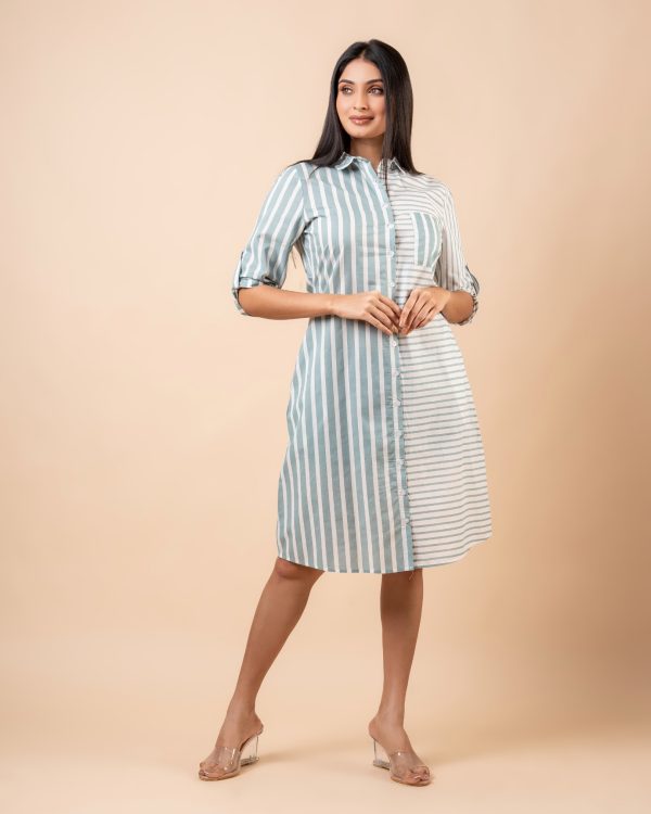 Patch Pocket Detail Striped Short Shirt Dress - Image 2
