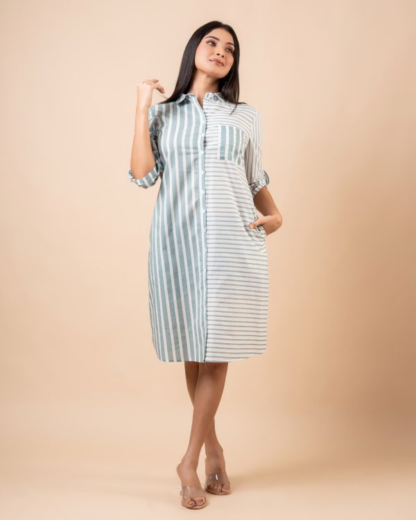 Patch Pocket Detail Striped Short Shirt Dress