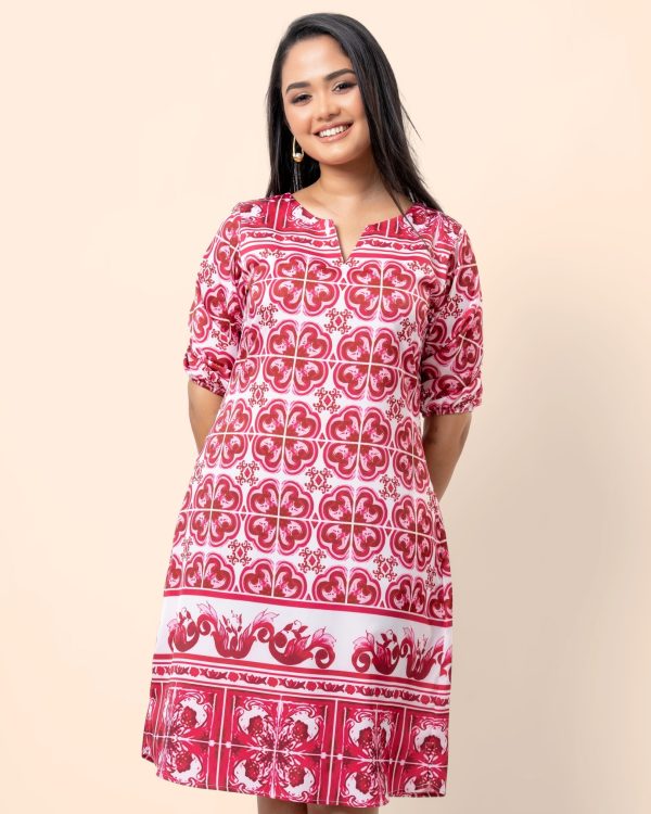 Abstract Patterned Puff Sleeve Short Dress - Image 2