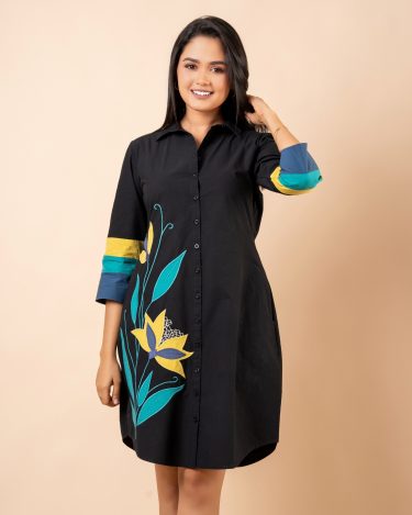 Colourblock Applique Detail Short Shirt Dress