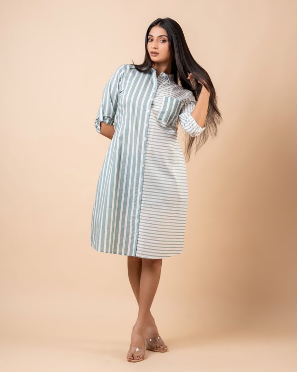 Patch Pocket Detail Striped Short Shirt Dress - Image 5