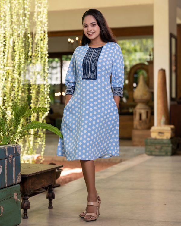 Polka Dot Patterned Embroidery Detail Short Dress - Image 5