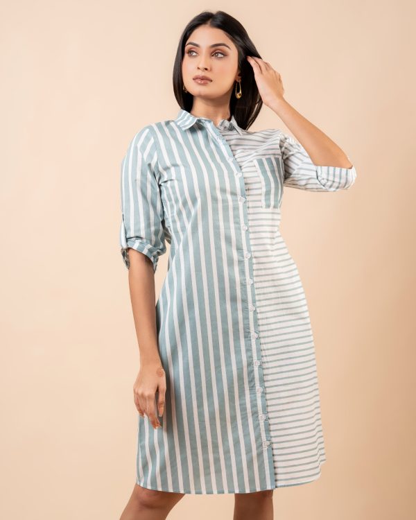Patch Pocket Detail Striped Short Shirt Dress - Image 4