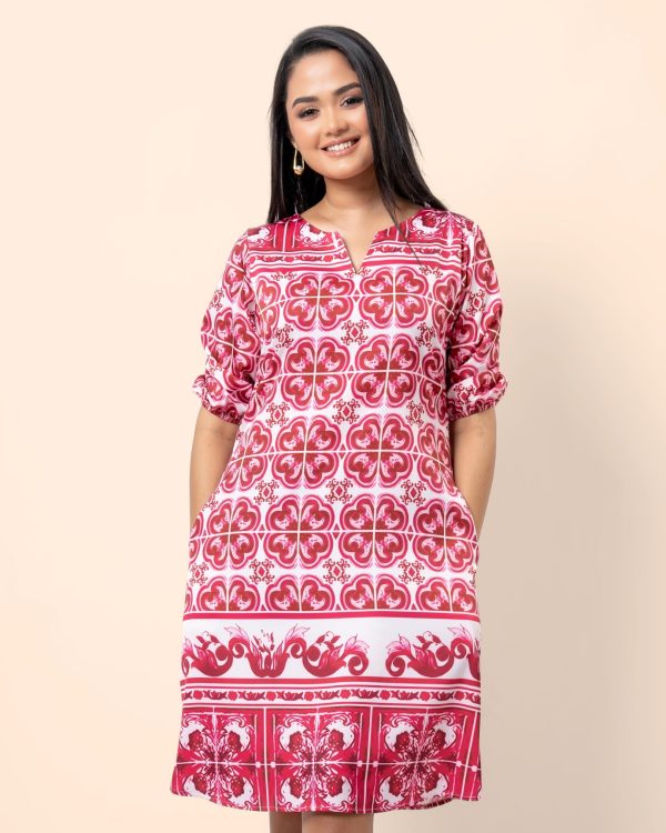 Abstract Patterned Puff Sleeve Short Dress
