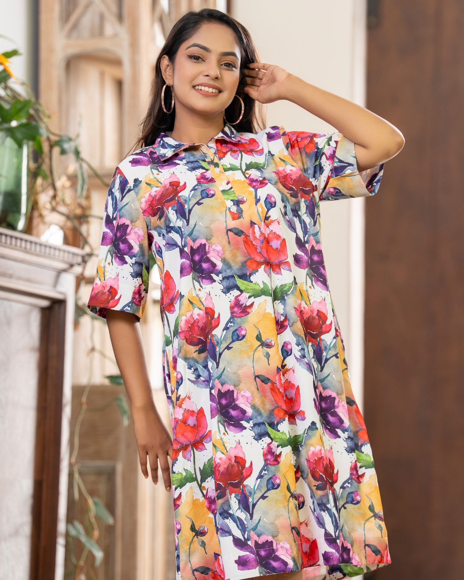 Floral Patterned Collared Short Tent Dress - Image 2