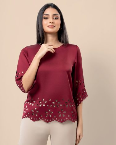 Laser Cut Scallop Hem Detail Blouse