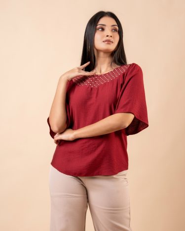 Embroidery Detail Raglan Bell sleeve Blouse