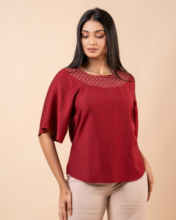Embroidery Detail Raglan Bell sleeve Blouse - Image 2