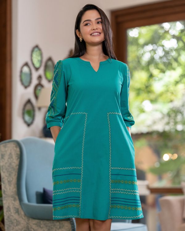 Embroidery Detail Notch Neck Short Dress - Image 2
