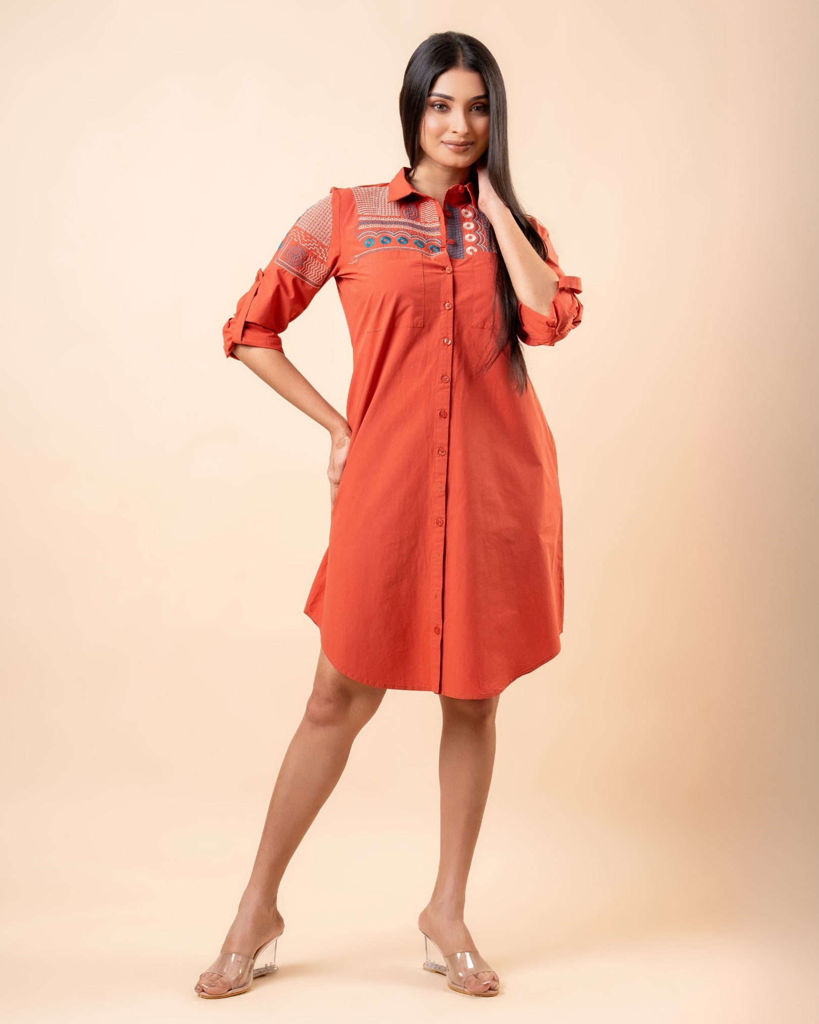 Embroidery Detail Short Shirt Dress - Image 4