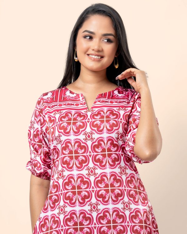Abstract Patterned Puff Sleeve Short Dress - Image 5