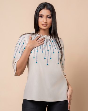 Embroidered Frilled Neck Puff Sleeve Top