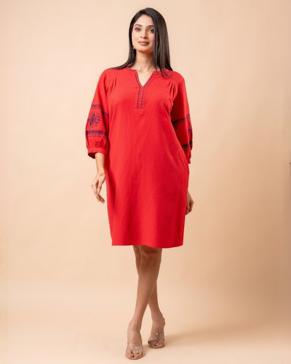 Embroidered Puff Sleeve Short Dress - Image 3
