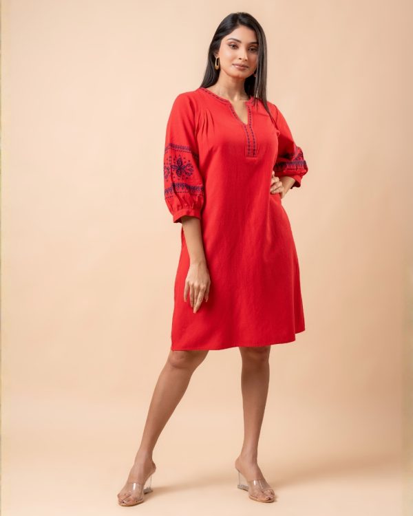 Embroidered Puff Sleeve Short Dress - Image 2