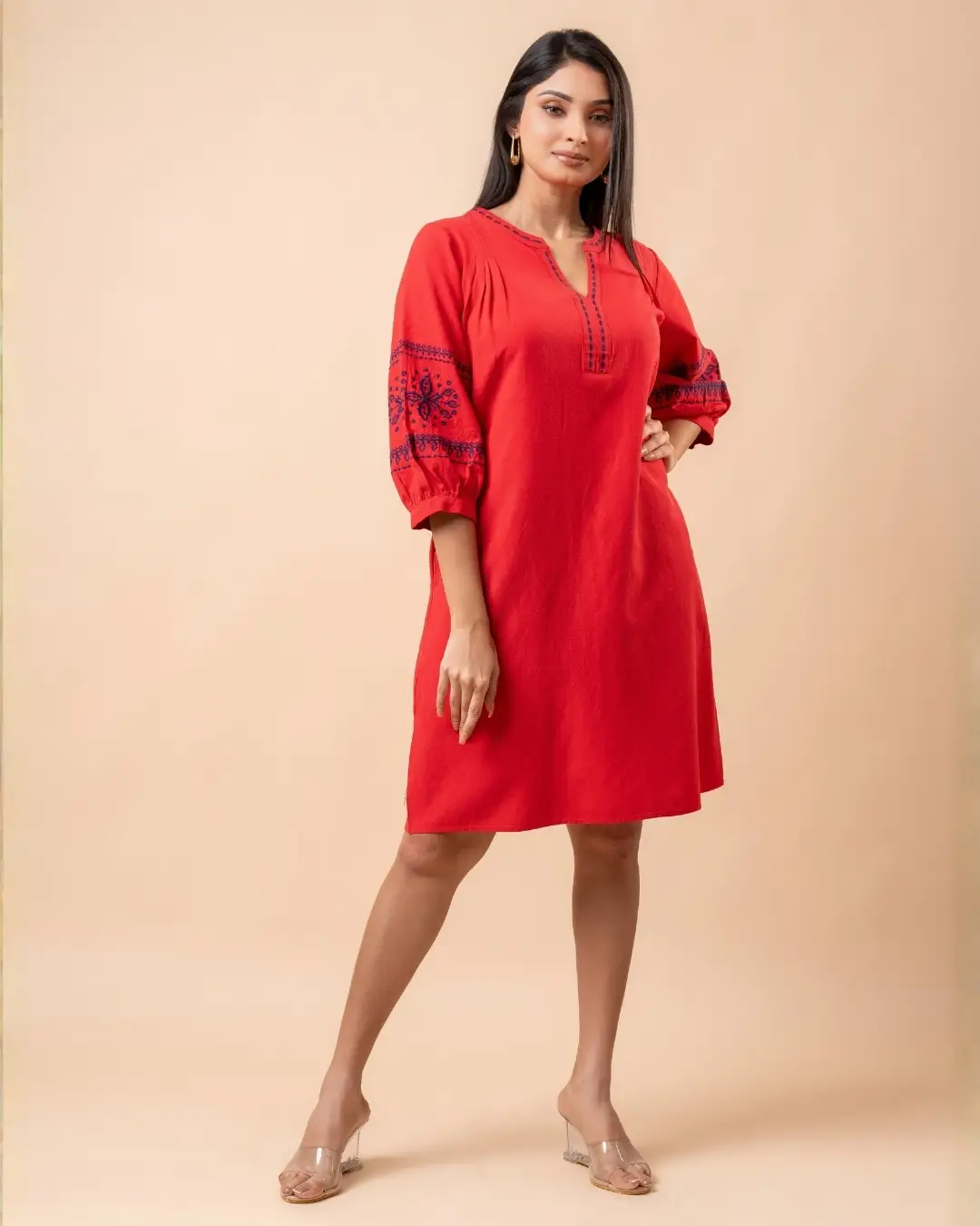 Embroidered Puff Sleeve Short Dress - Image 2