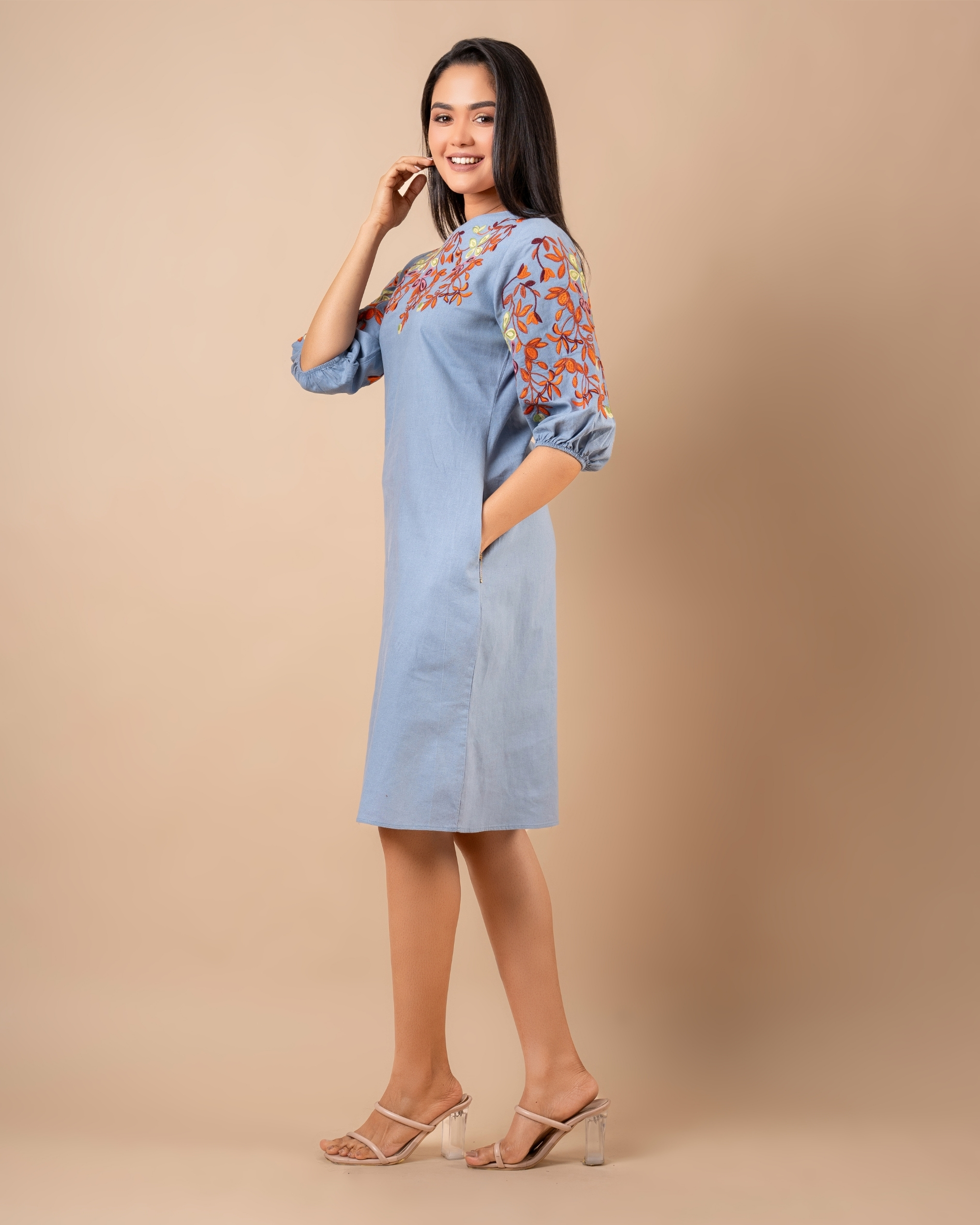 Floral Embroidery Detail Puff Sleeve Short Dress - Image 5