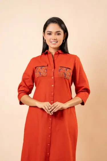 Pocket Embroidery Detail Midi Shirt Dress
