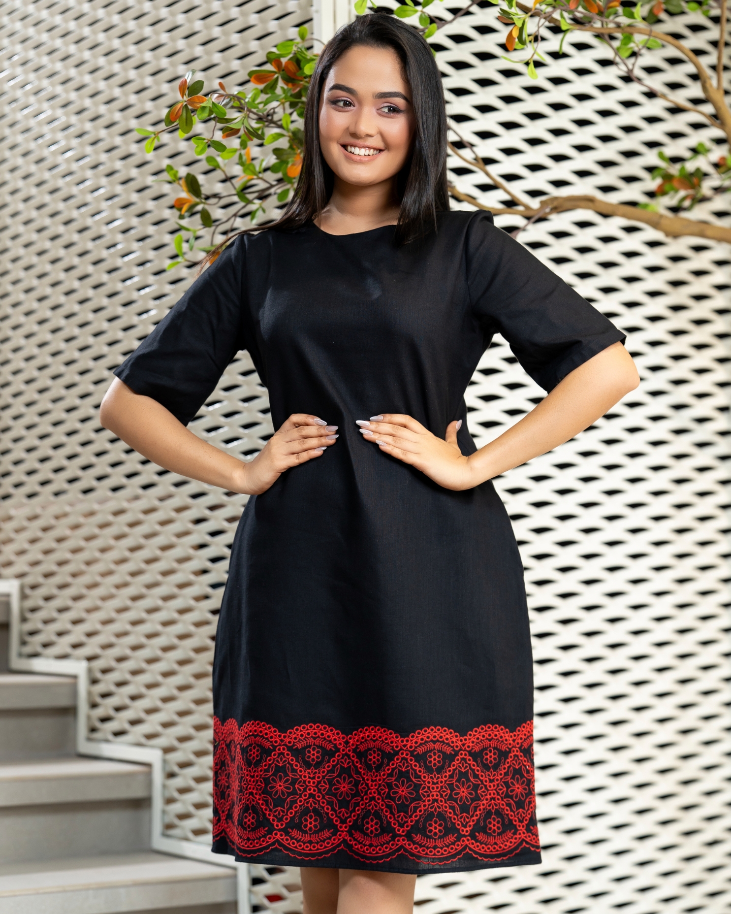 Geometric Embroidered Hem Detail Short Dress - Image 4