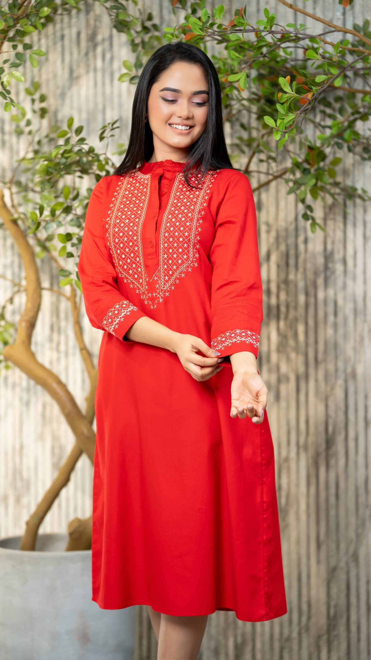 Embroidered Chinese Collar Midi Dress - Image 3