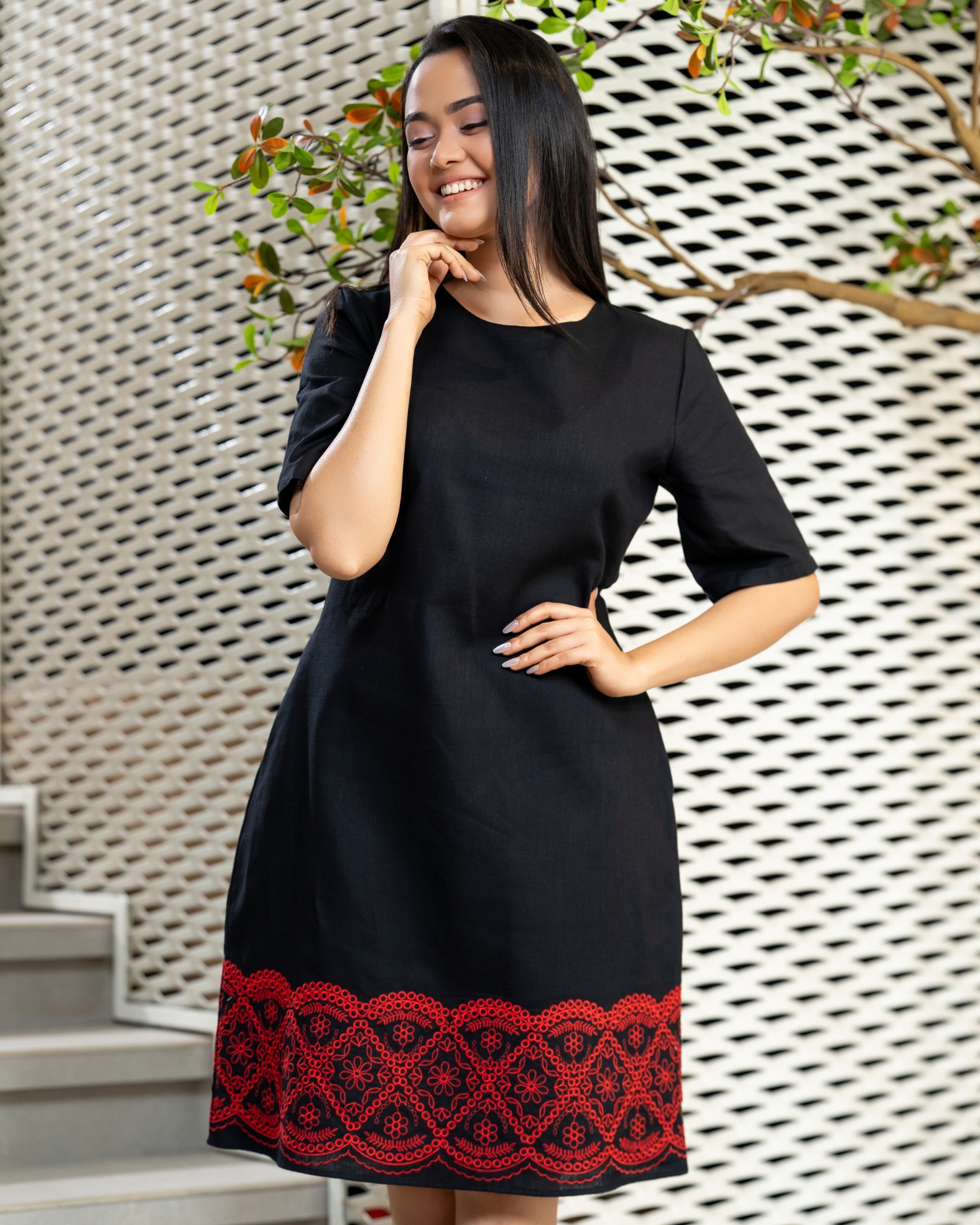 Geometric Embroidered Hem Detail Short Dress - Image 5