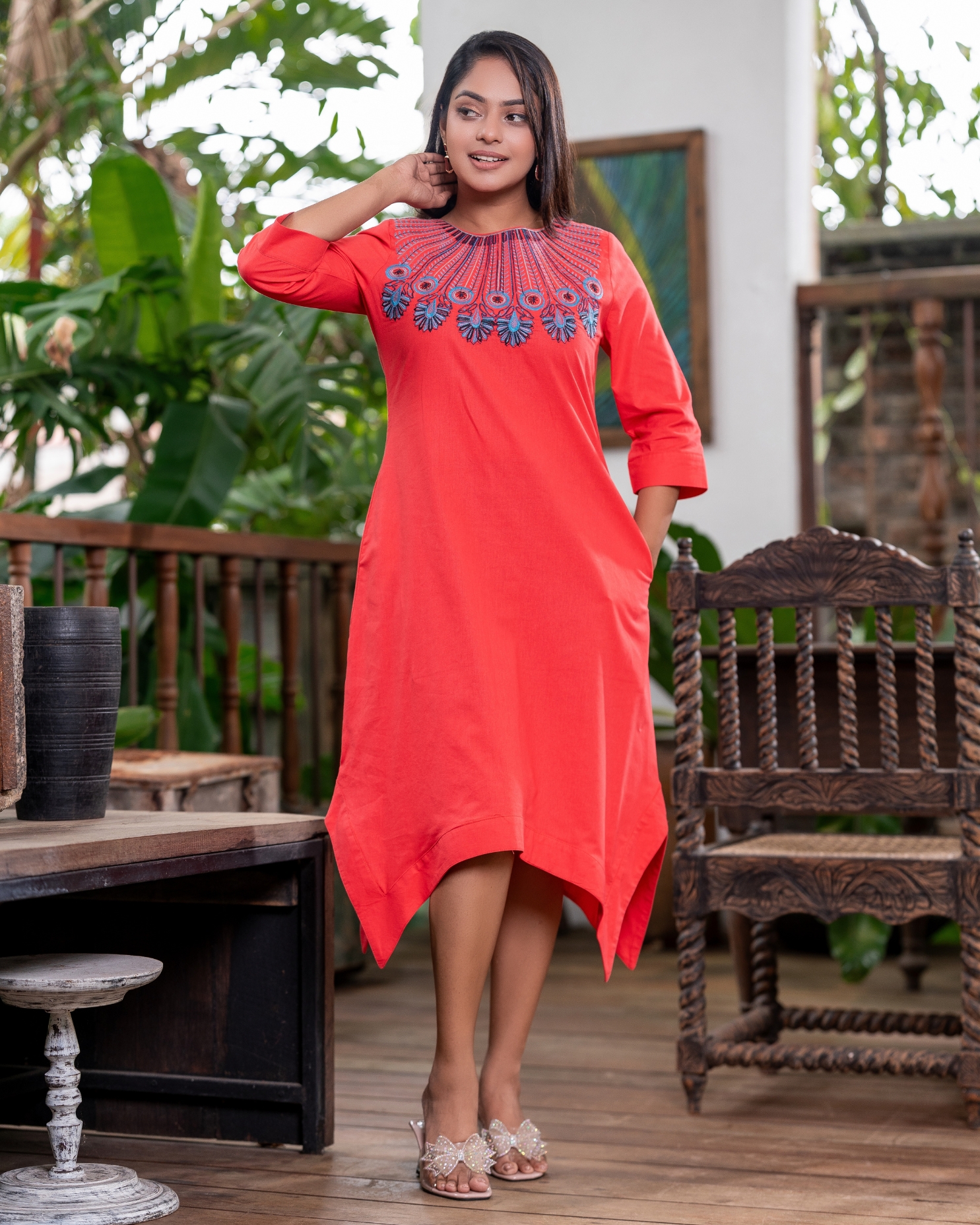 Embroidery Detail High-Low Hem Short Dress - Image 3