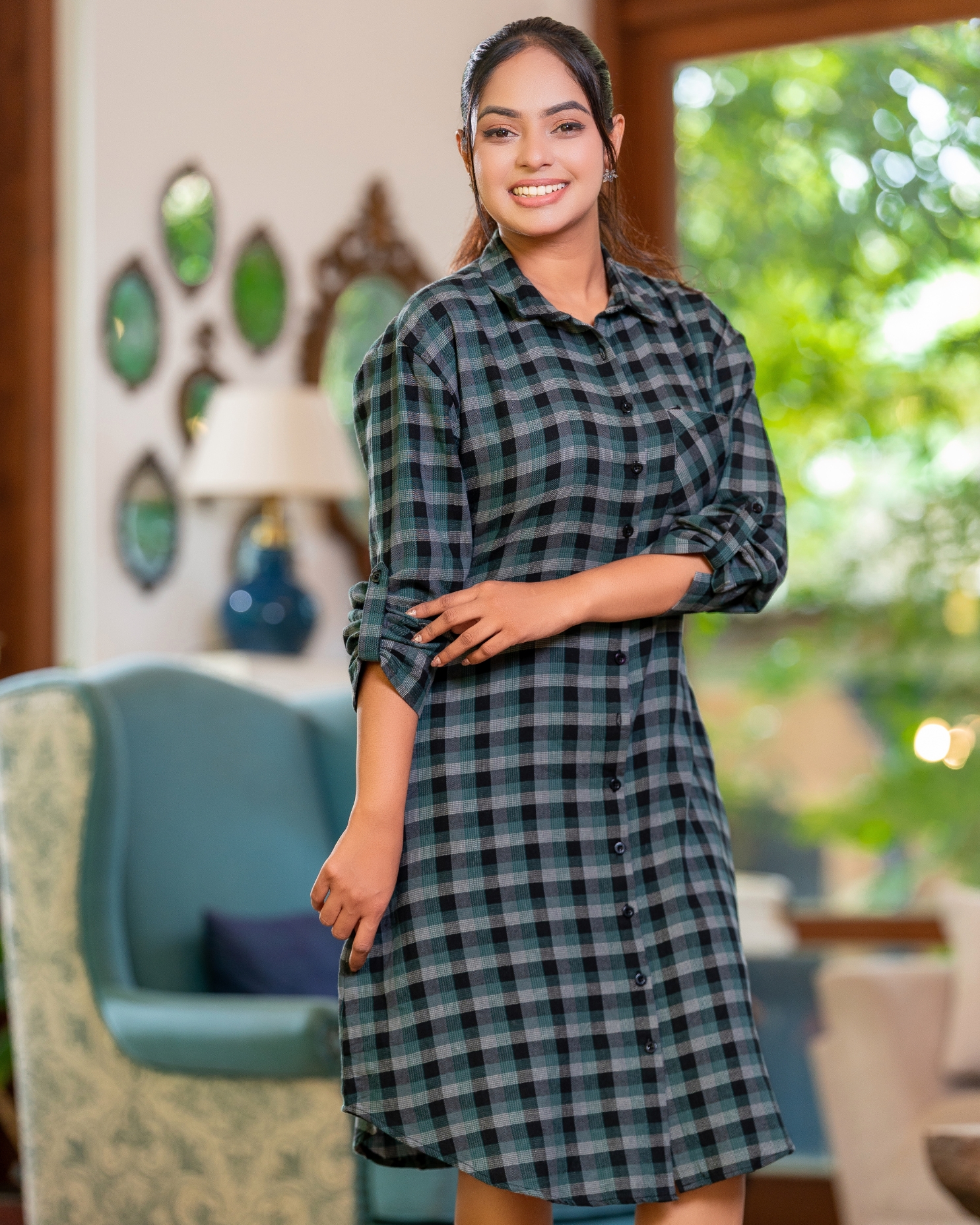 Pocket Detail Check Short Dress - Image 2