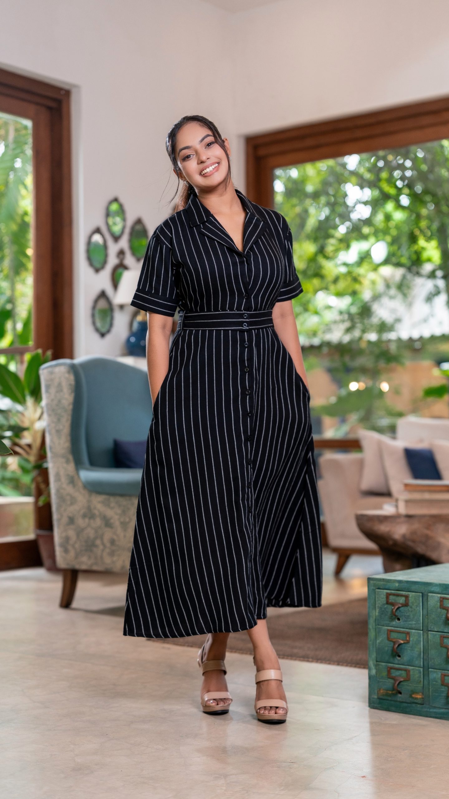 Striped Fabric Lapel Collar Maxi Dress - Image 3